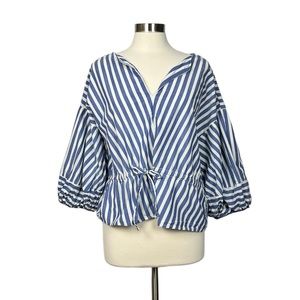GAP Blue and White Cotton Top with Drawstring and Puff Sleeves